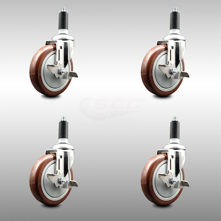 Service Caster 5 Inch 316SS Maroon Poly Swivel 1-3/8 Inch Expanding Stem Caster Set Brake SCC SCC-SS316EX20S514-PPUB-MRN-TLB-138-4